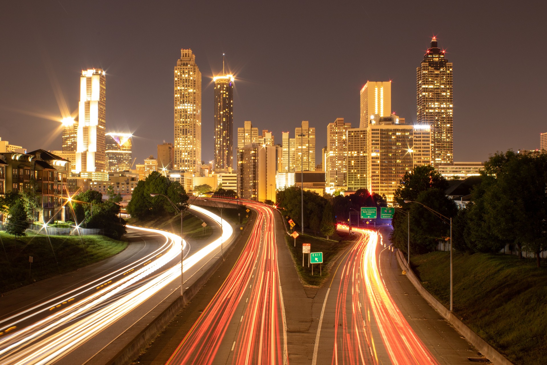 Atlanta, Georgia, downtown city skyline at night, cityscape, long exposure
